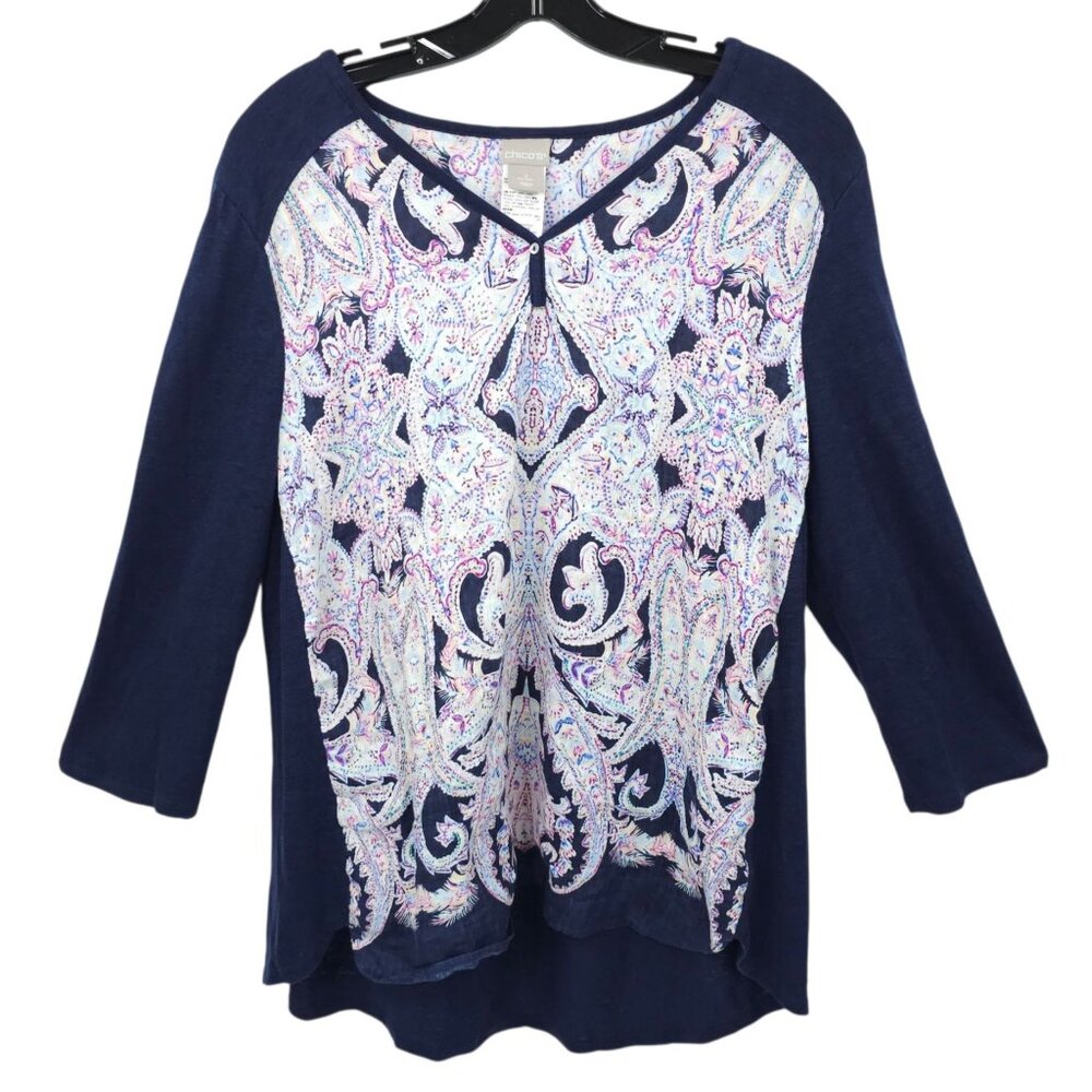 Chicos Pullover Top Womens 2 US  L Paisley Linen 3/4 Sleeve V Neck High Low